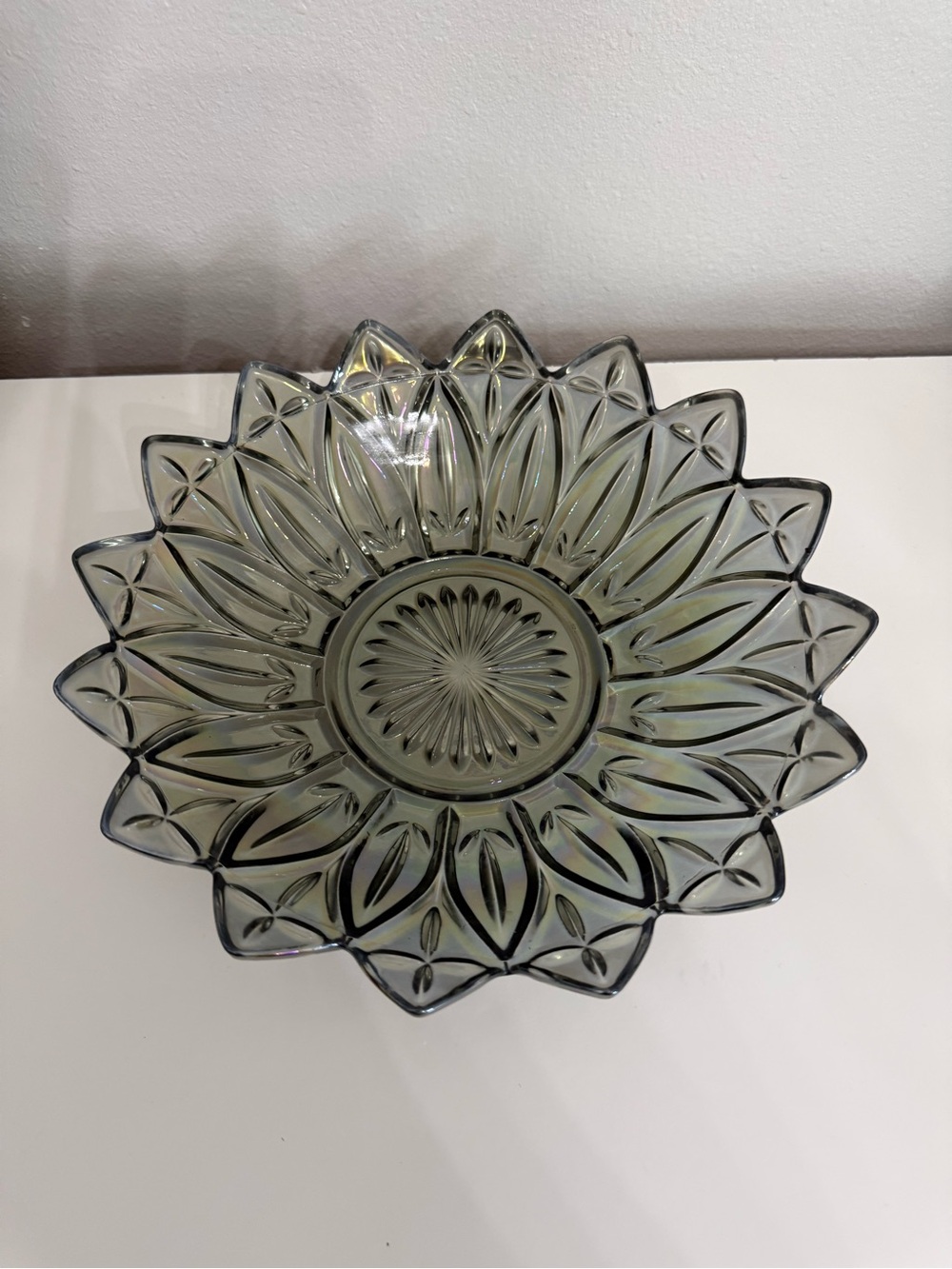 Vintage Iridescent Carnival Glass Sunflower Bowl 11” Scalloped Floral Dish
